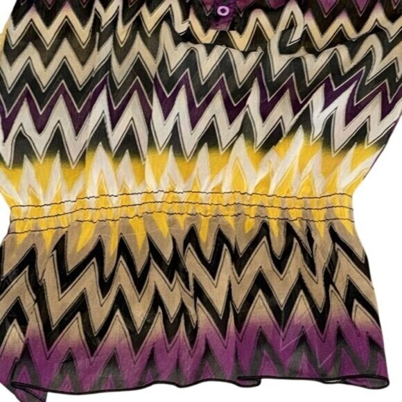 Chevron Pattern Purple & Yellow Peasant Blouse With 3/4 Sleeves & Button Detail - Picture 6 of 9